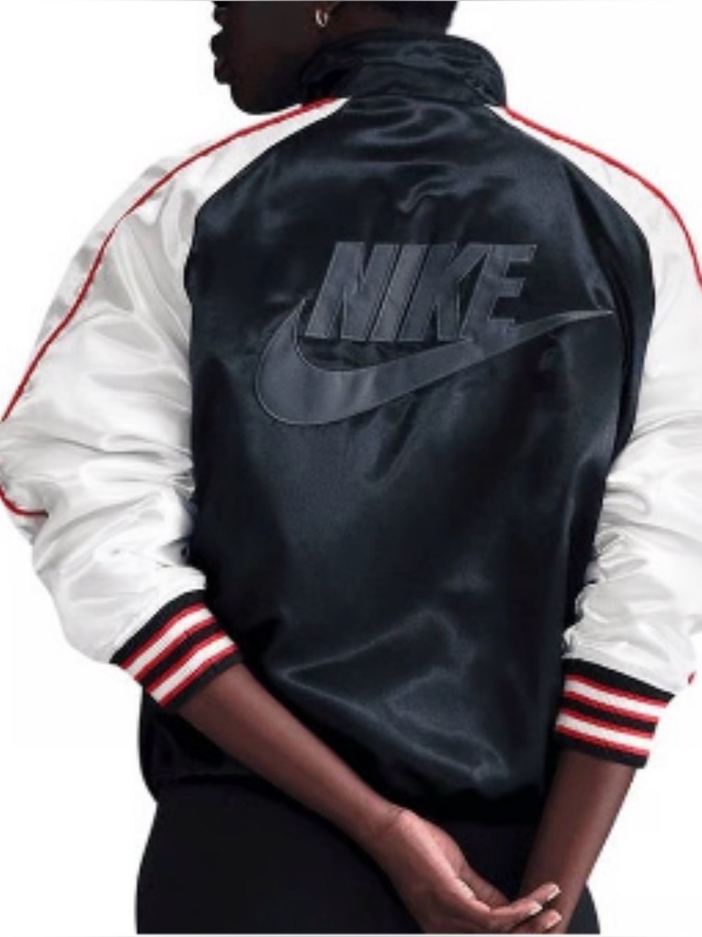 Nike Black and White Satin Varsity Bomber with Red Trim